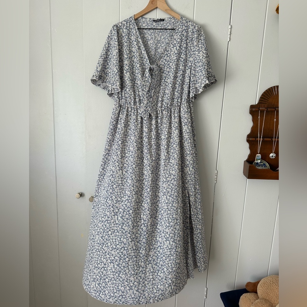 BloomChic Floral Flutter Sleeve Light Blue Maxi Dress